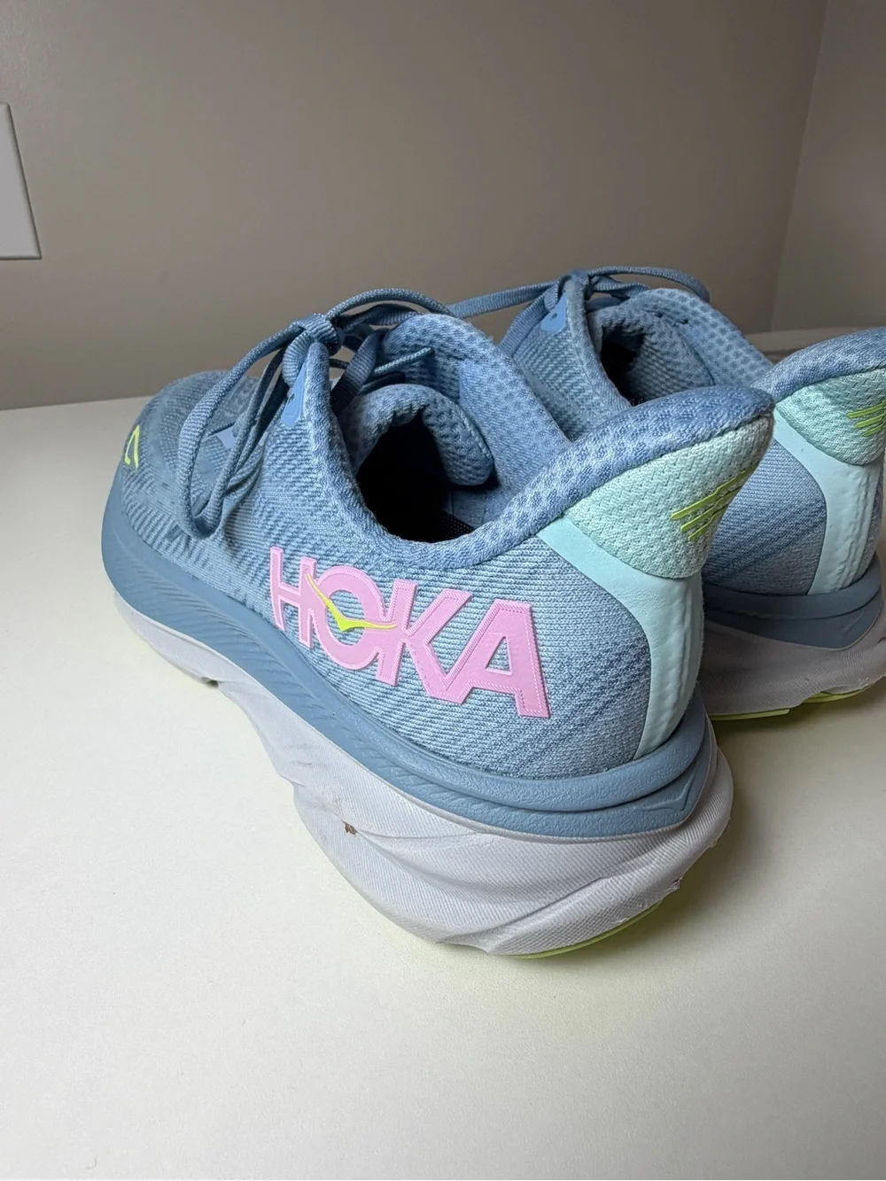 Women’s Hoka Clifton 3 9.5 Light Blue Running Shoes with Neon Yellow Accents